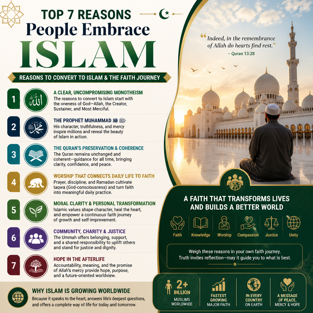 Top 7 Reasons People Embrace Islam infographic