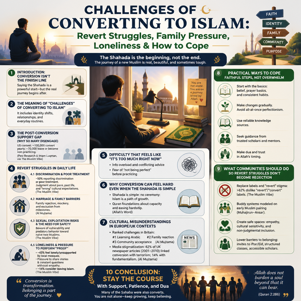 Challenges of Converting to Islam: Revert Struggles, Family Pressure, Loneliness & How to Cope infographic