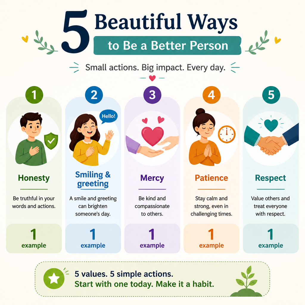 Character as worship examples (honesty, smiling/greeting, mercy, patience, respect)