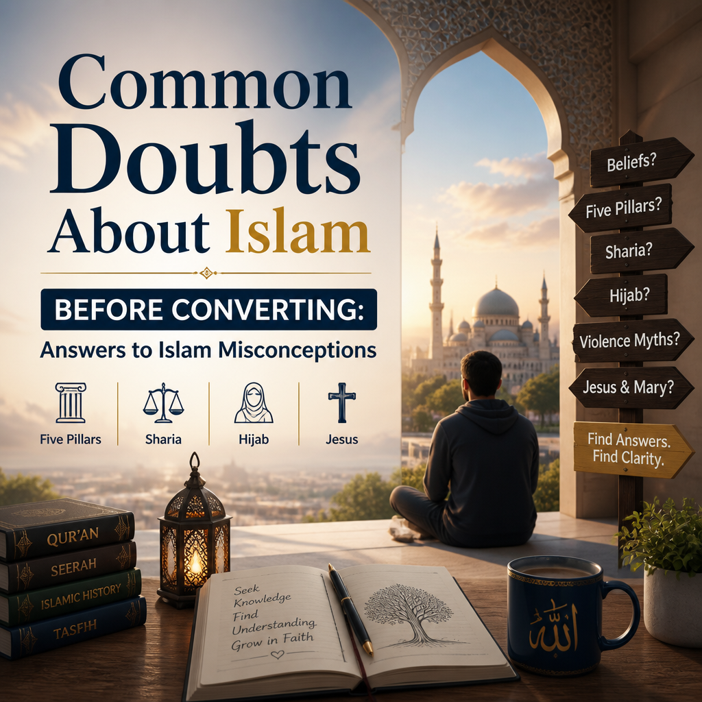 Common Doubts About Islam Before Converting: Answers to Islam Misconceptions (Five Pillars, Sharia, Jesus, Hijab) banner
