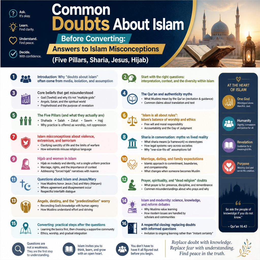 Common Doubts About Islam Before Converting: Answers to Islam Misconceptions (Five Pillars, Sharia, Jesus, Hijab) infographic