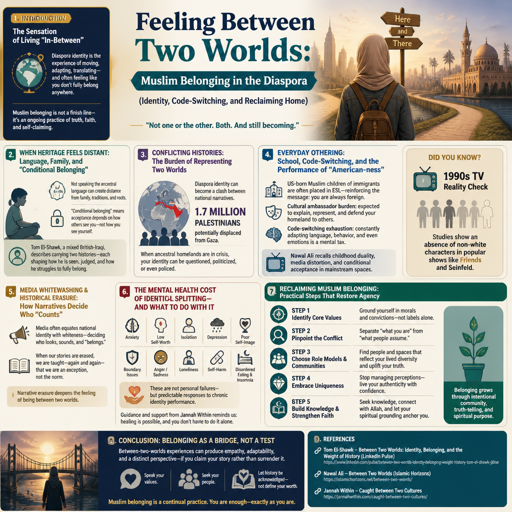 Feeling Between Two Worlds: Muslim Belonging in the Diaspora (Identity, Code-Switching, and Reclaiming Home) infographic
