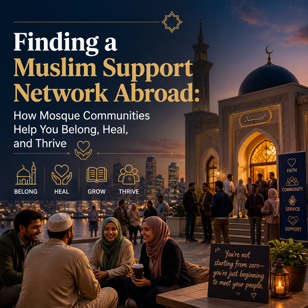 Finding a Muslim Support Network Abroad: How Mosque Communities Help You Belong, Heal, and Thrive + (banner)