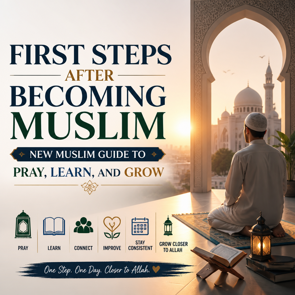 First Steps After Becoming Muslim: New Muslim Guide to Pray, Learn, and Grow + (banner)