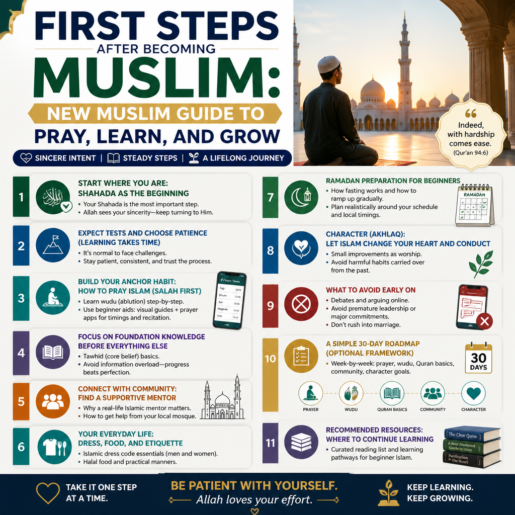 First Steps After Becoming Muslim: New Muslim Guide to Pray, Learn, and Grow + (infograph)