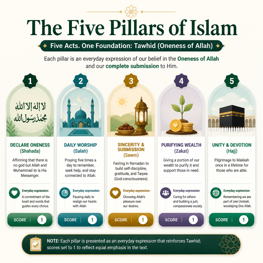 Five Pillars of Islam mapped to Tawhid-aligned worship activities