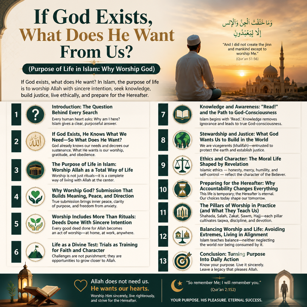 If God Exists, What Does He Want From Us? (Purpose of Life in Islam: Why Worship God) + (infograph)