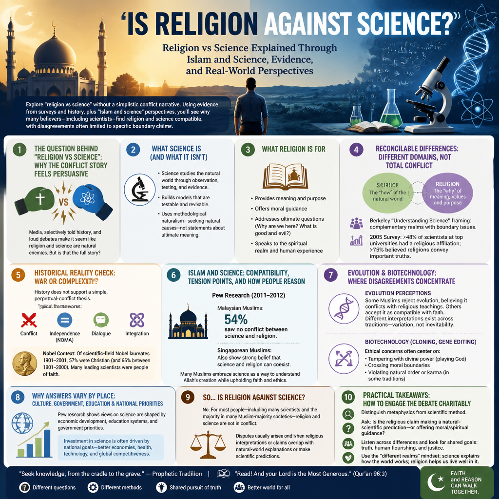 Is Religion Against Science? Religion vs Science Explained Through Islam and Science, Evidence, and Real-World Perspectives + (infograph)
