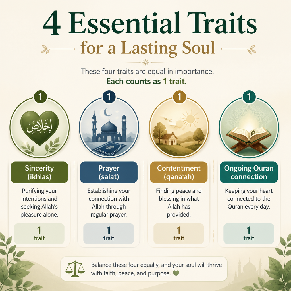 Key traits practiced with Allah (ikhlas, salat, qana‘ah, Quran connection)