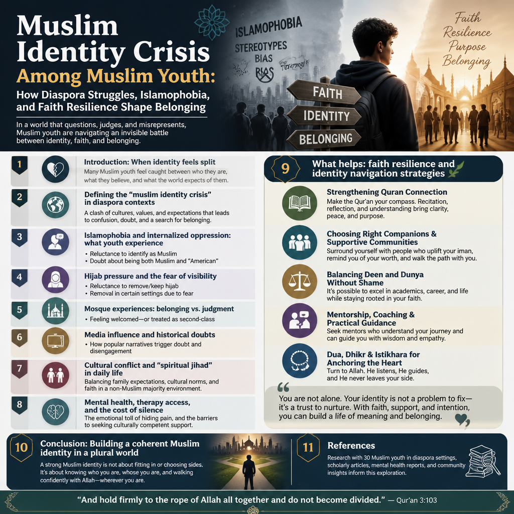 Muslim Identity Crisis Among Muslim Youth: How Diaspora Struggles, Islamophobia, and Faith Resilience Shape Belonging + (infograph)