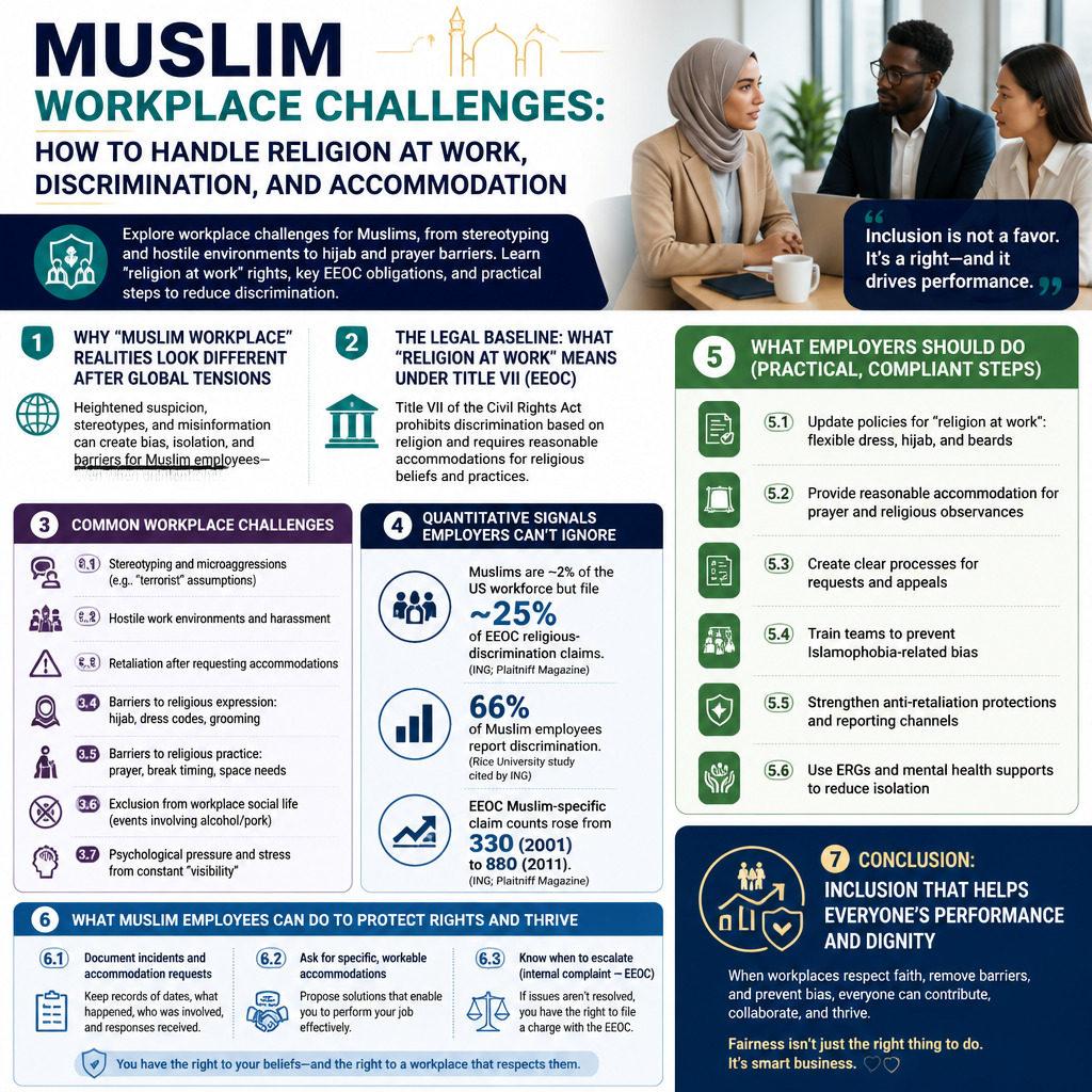Muslim Workplace Challenges: How to Handle Religion at Work, Discrimination, and Accommodation + (infograph)