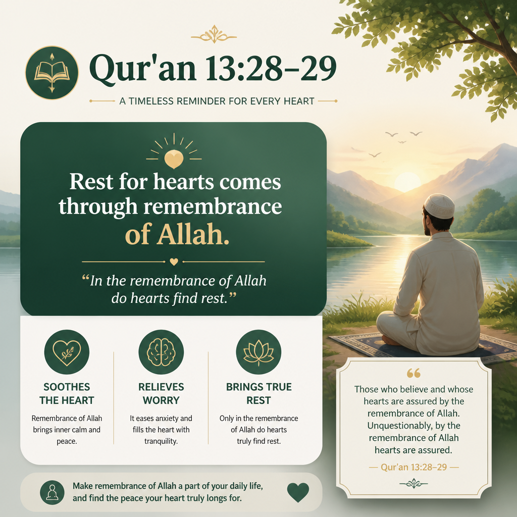Quran 13:28–29 quoted principle (rest from remembrance)