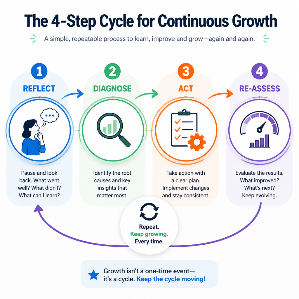Reflect-Diagnose-Act-Reassess rhythm steps