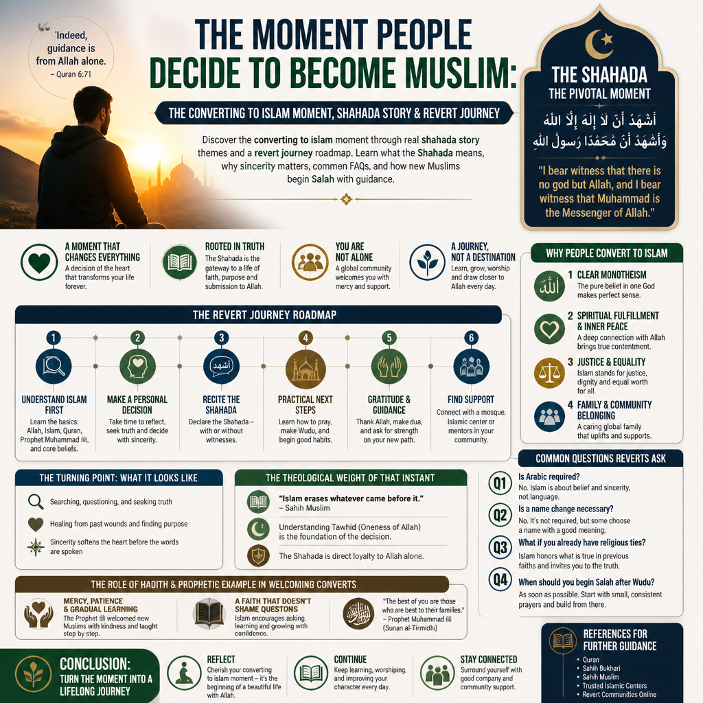 The Moment People Decide to Become Muslim: The Converting to Islam Moment, Shahada Story & Revert Journey infographic