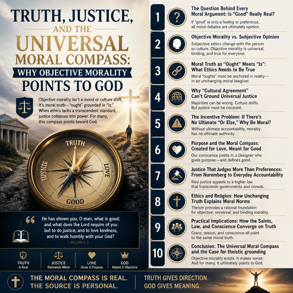 Truth, Justice, and the Universal Moral Compass: Why Objective Morality Points to God infographic