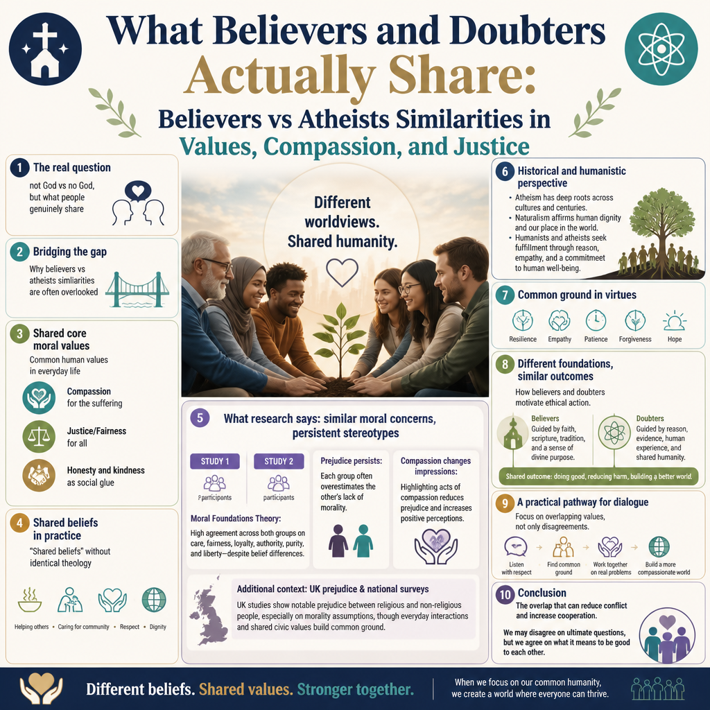 What Believers and Doubters Actually Share: Believers vs Atheists Similarities in Values, Compassion, and Justice infographic
