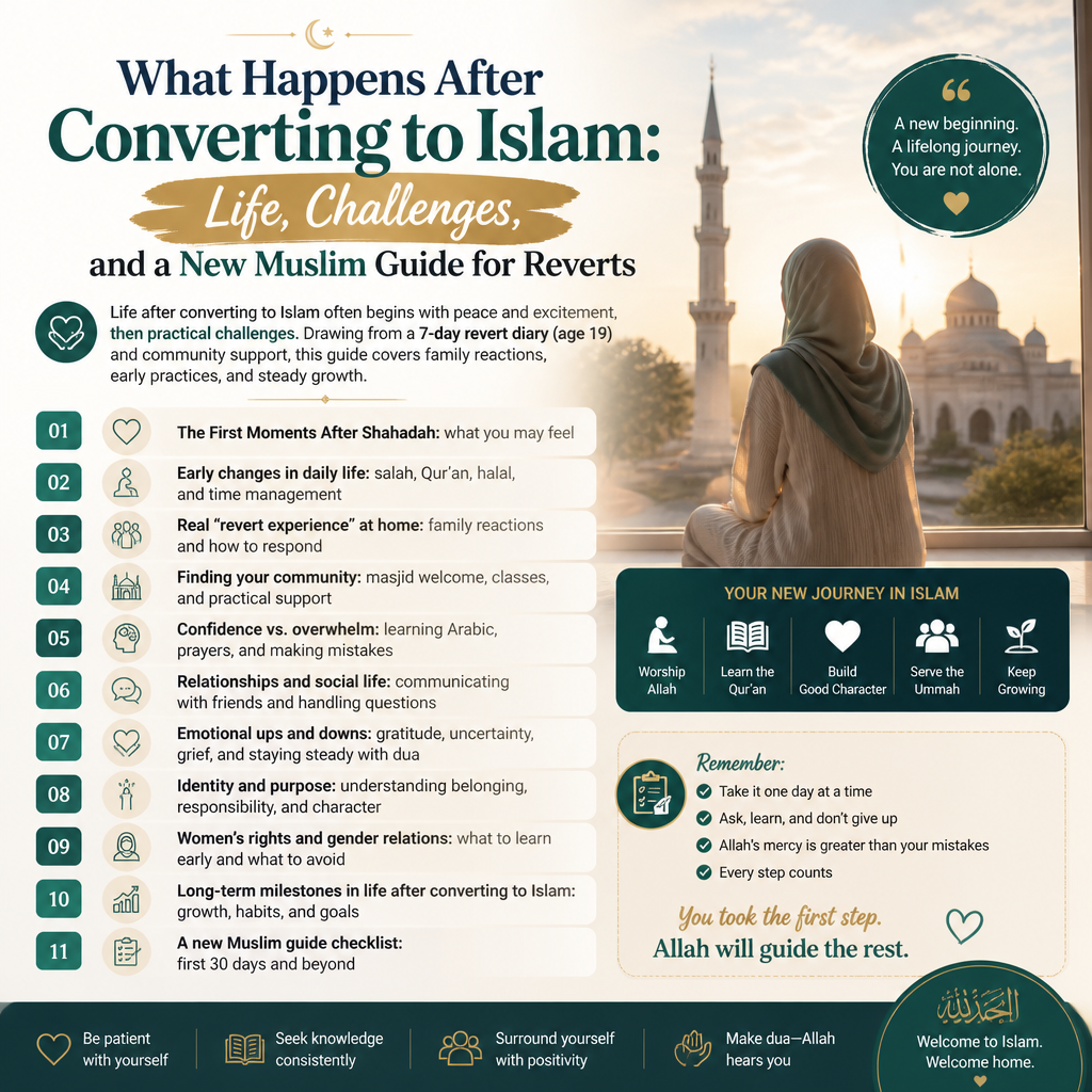 What Happens After Converting to Islam: Life, Challenges, and a New Muslim Guide for Reverts + (infograph)