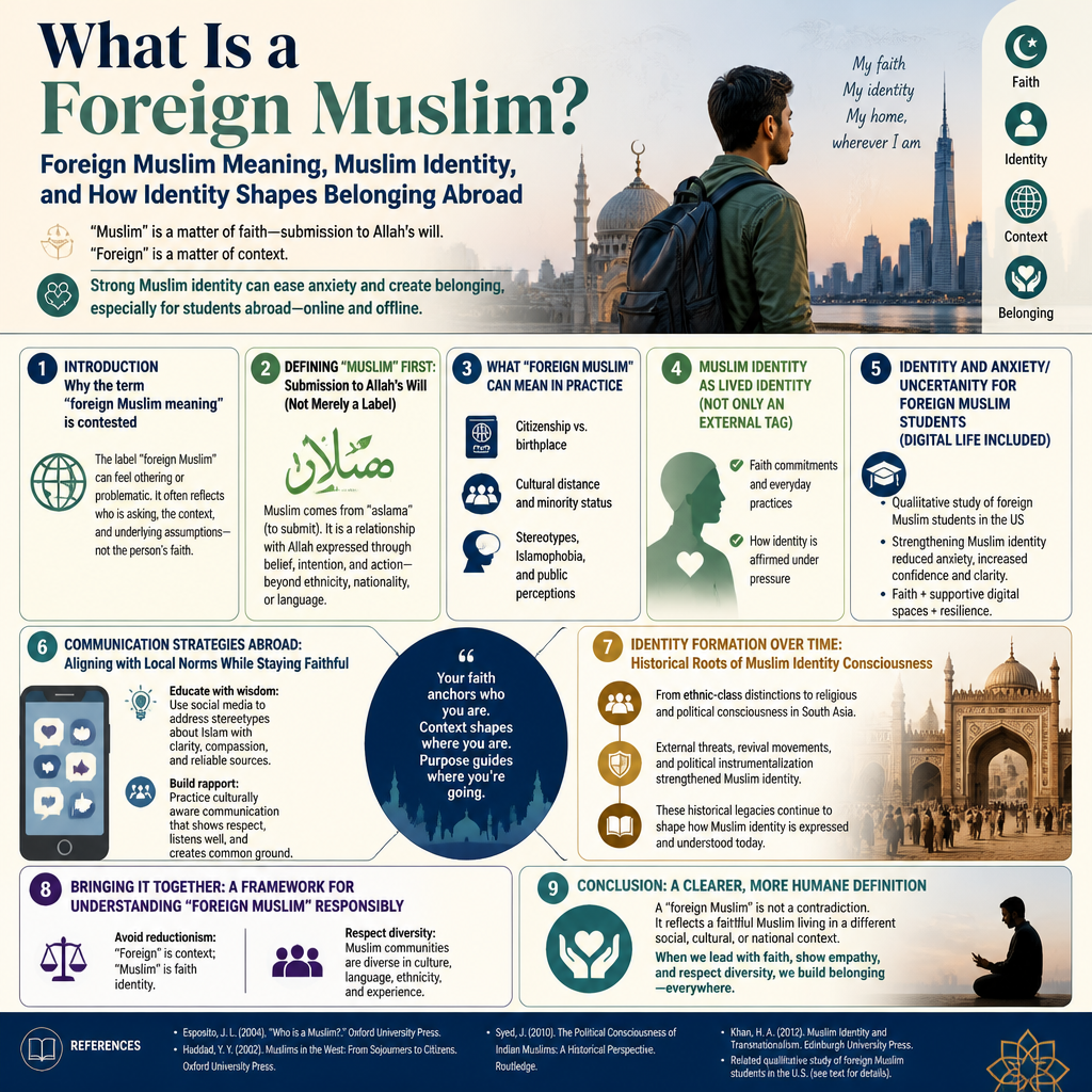 What Is a Foreign Muslim? Foreign Muslim Meaning, Muslim Identity, and How Identity Shapes Belonging Abroad + (infograph)