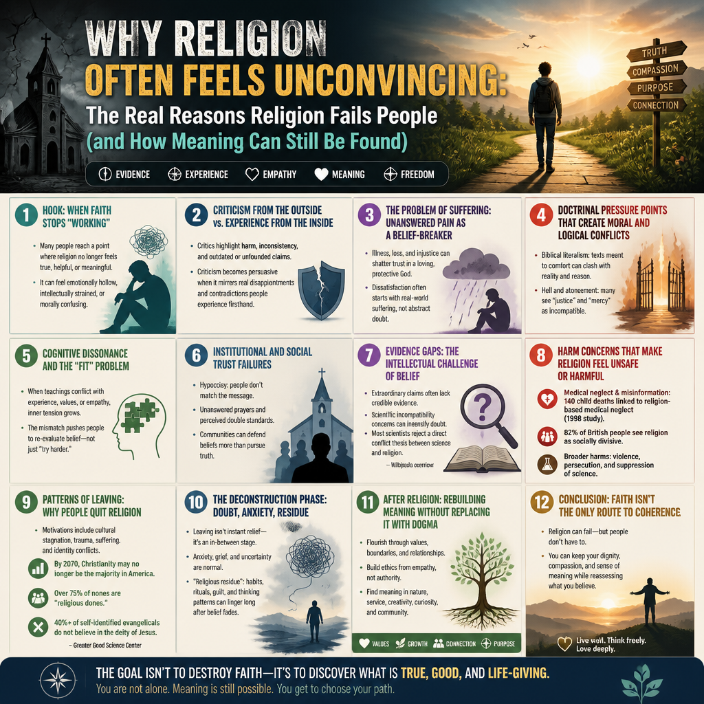Why Religion Often Feels Unconvincing: The Real Reasons Religion Fails People (and How Meaning Can Still Be Found) + (infograph)